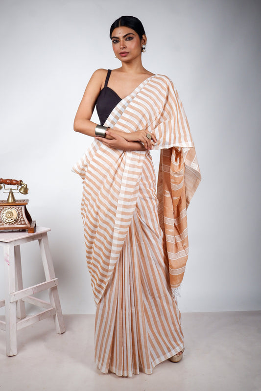 Biscuit and White striped with Jamdani Woven Pallu