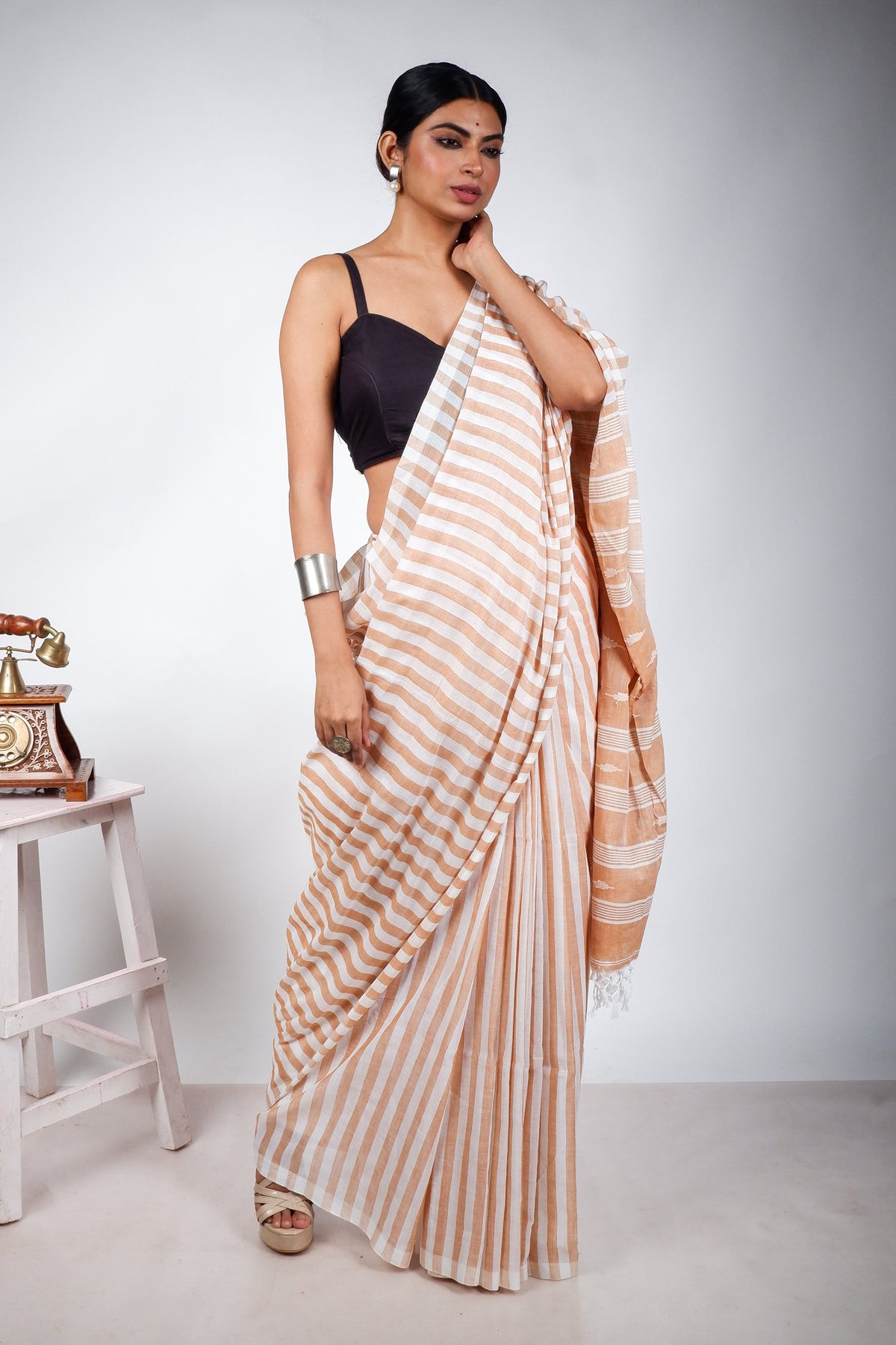 Biscuit and White striped with Jamdani Woven Pallu