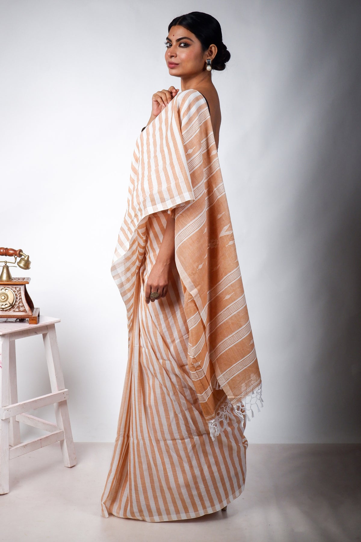 Biscuit and White striped with Jamdani Woven Pallu