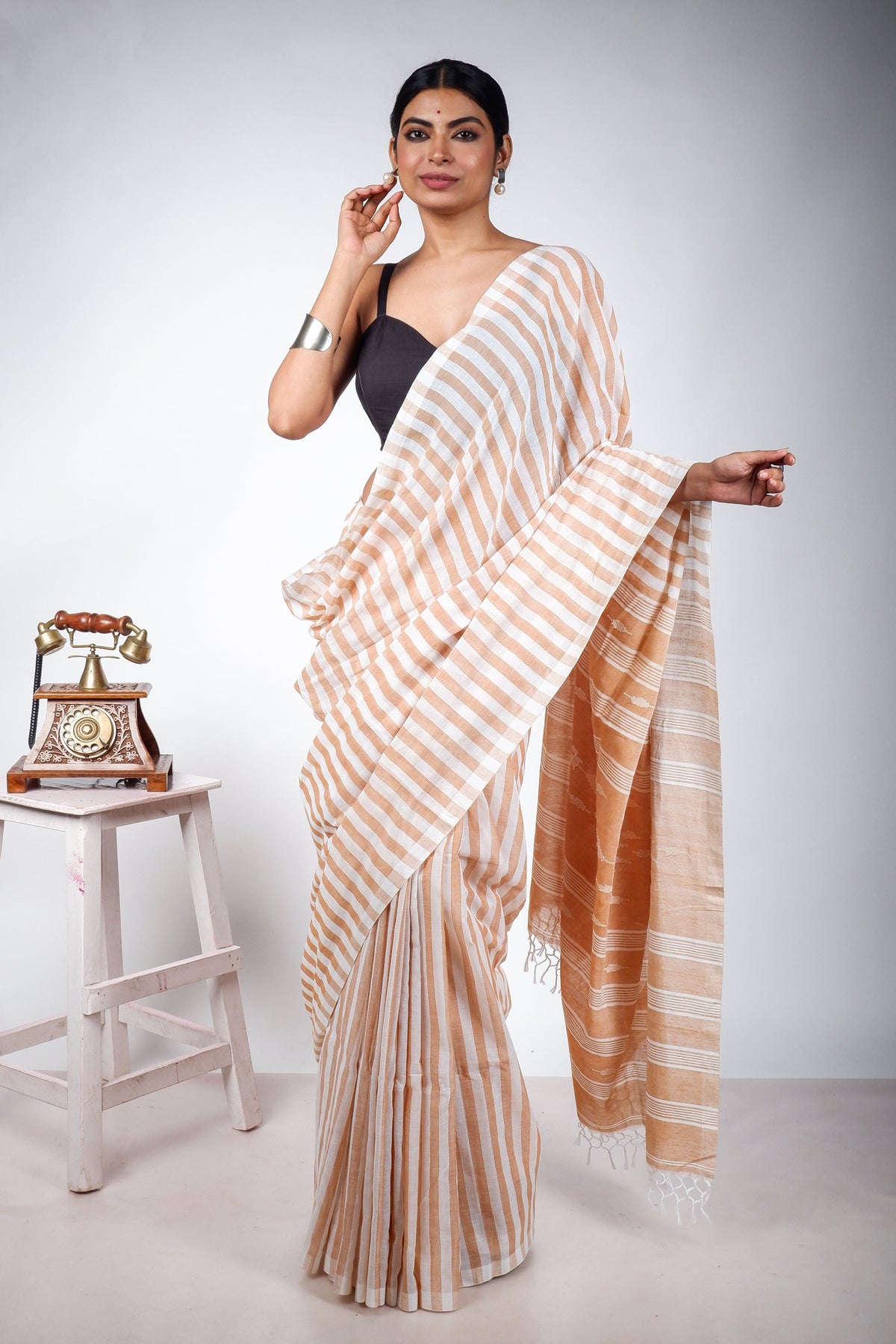 Biscuit and White striped with Jamdani Woven Pallu