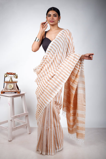 Biscuit and White striped with Jamdani Woven Pallu
