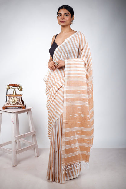 Biscuit and White striped with Jamdani Woven Pallu
