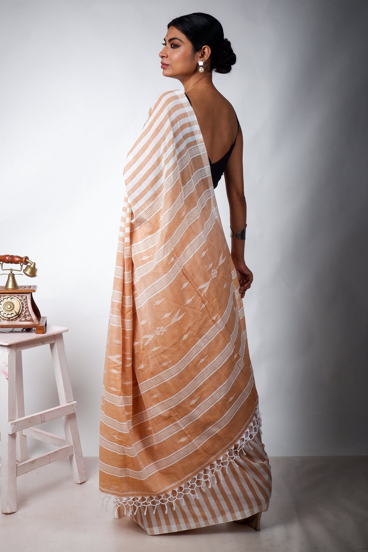 Biscuit and White striped with Jamdani Woven Pallu