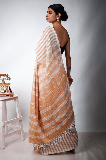 Biscuit and White striped with Jamdani Woven Pallu