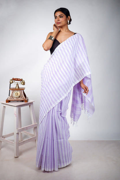 Purple and White Striped Saree with Jamdani Woven Pallu