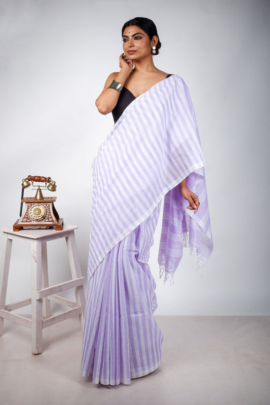 Purple and White Striped Saree with Jamdani Woven Pallu