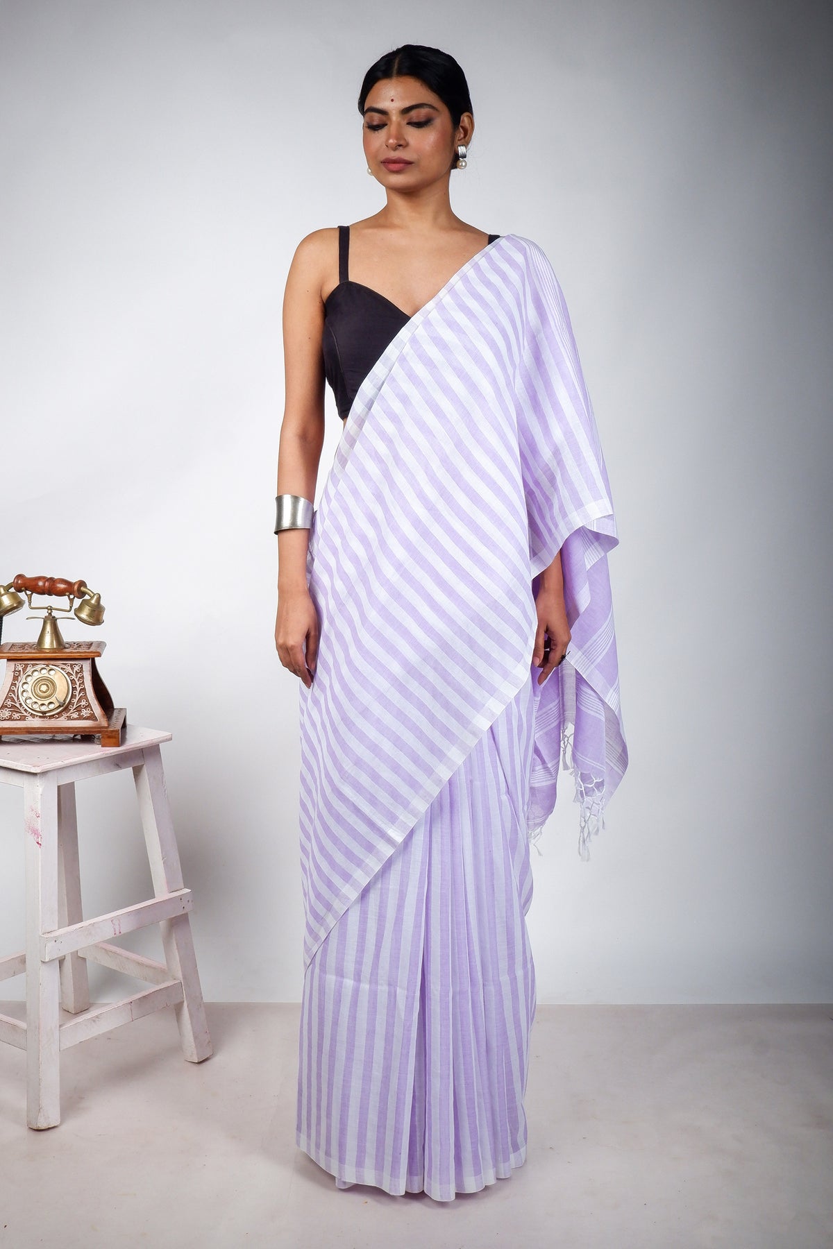 Purple and White Striped Saree with Jamdani Woven Pallu