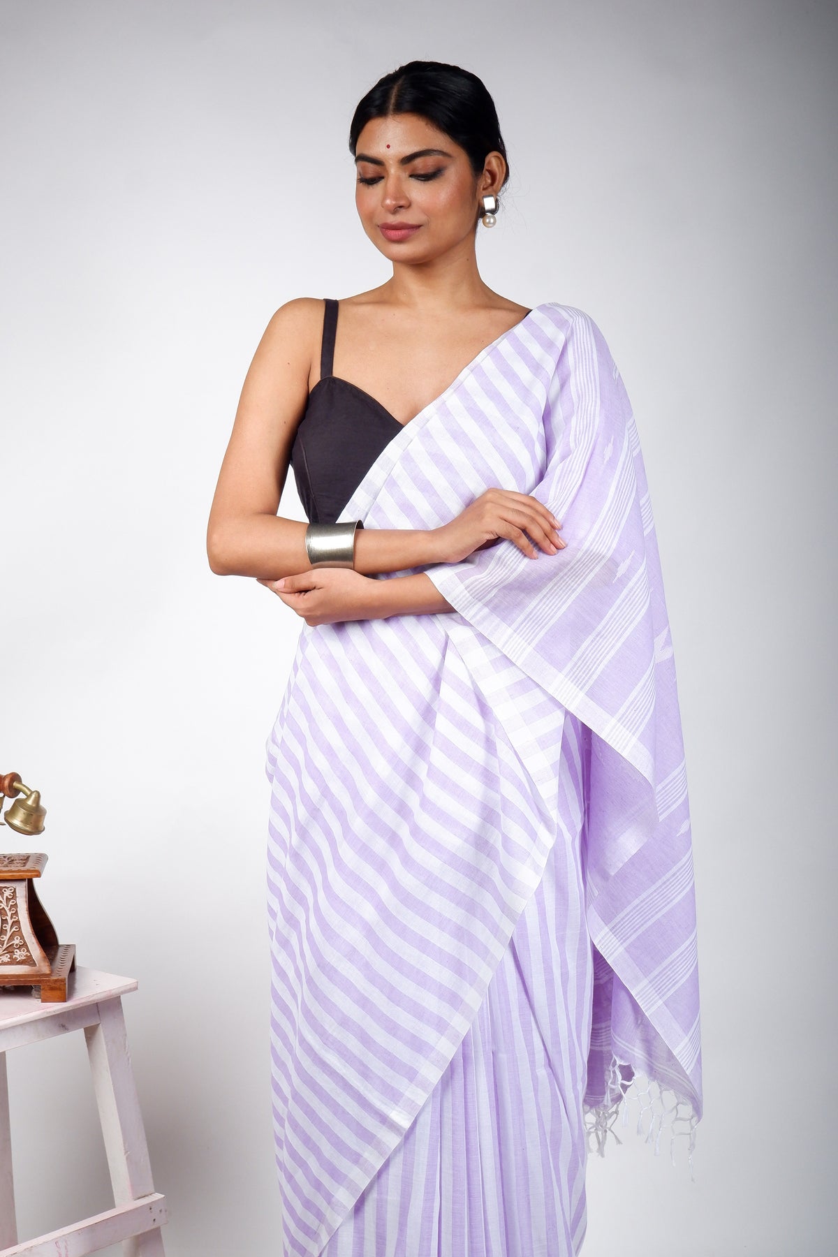 Purple and White Striped Saree with Jamdani Woven Pallu