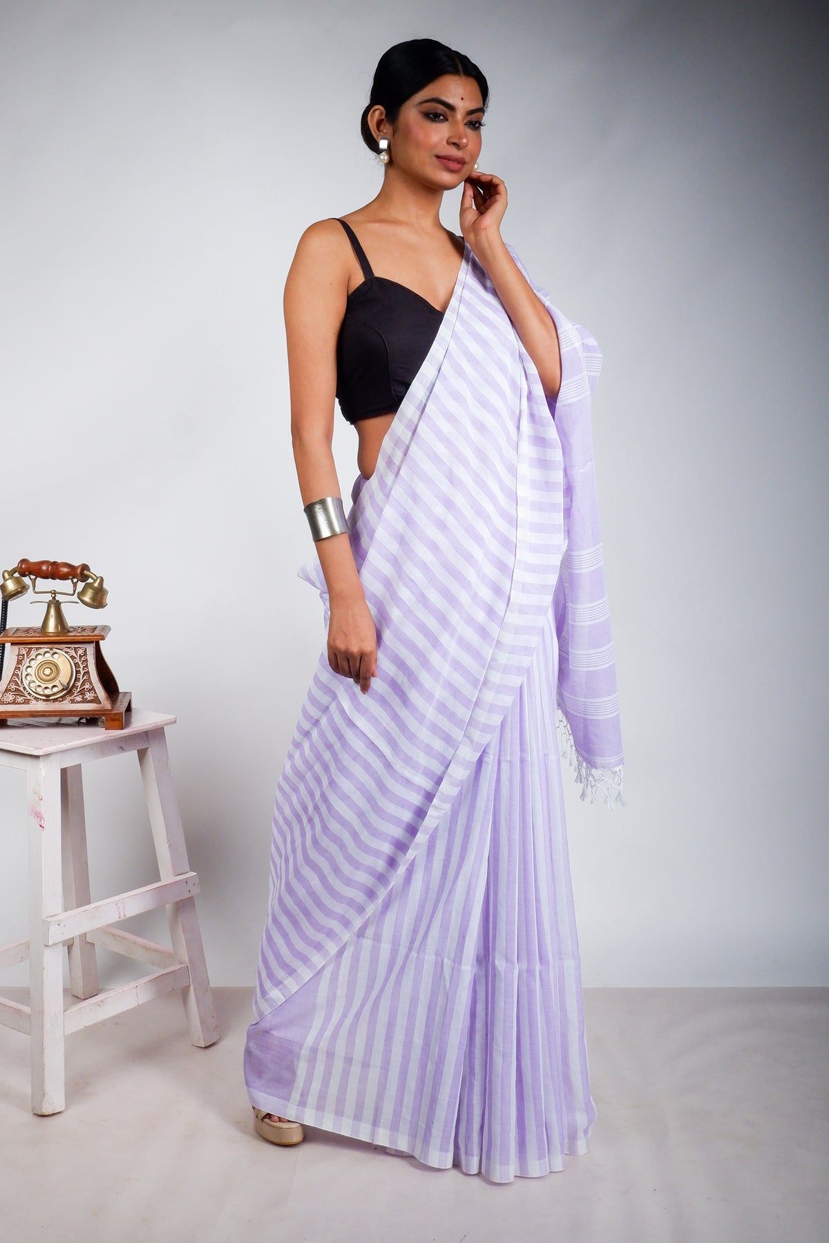 Purple and White Striped Saree with Jamdani Woven Pallu