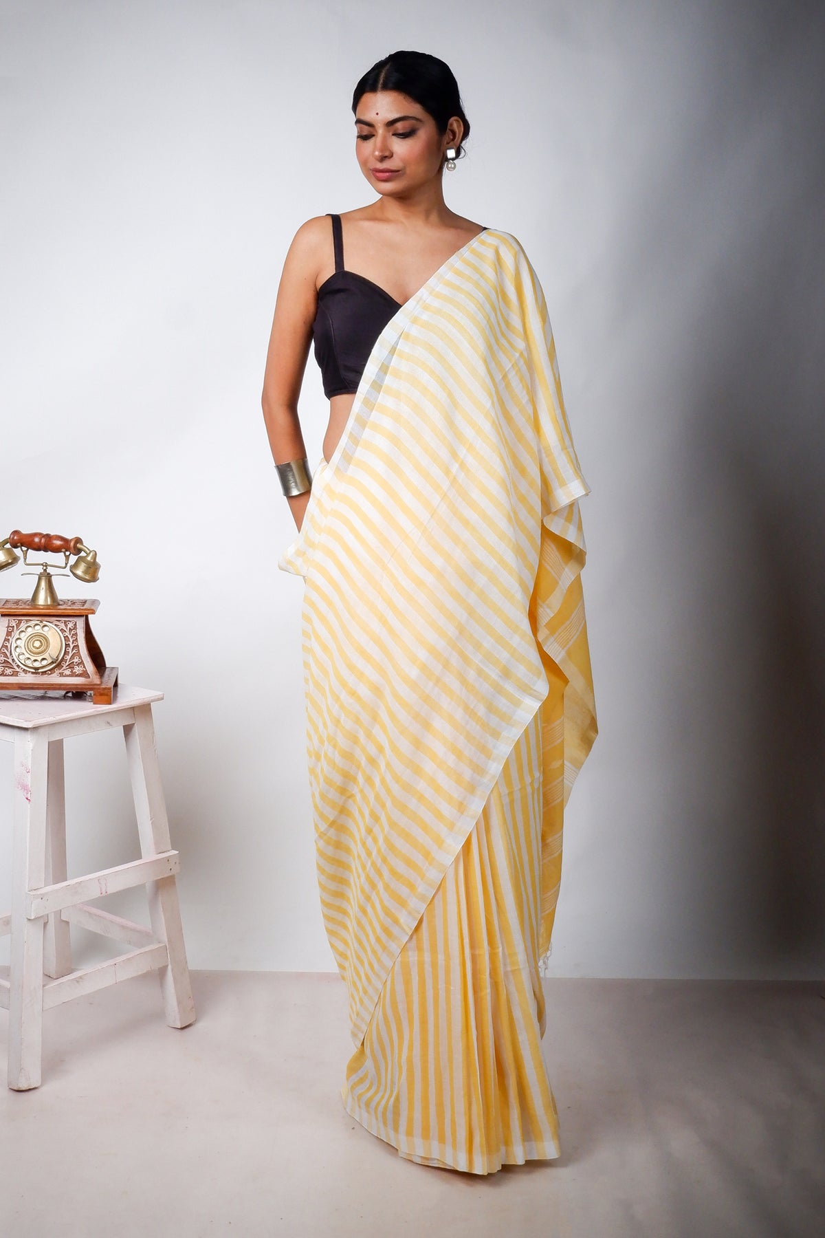 Yellow and White Striped Saree with Jamdani Woven Pallu
