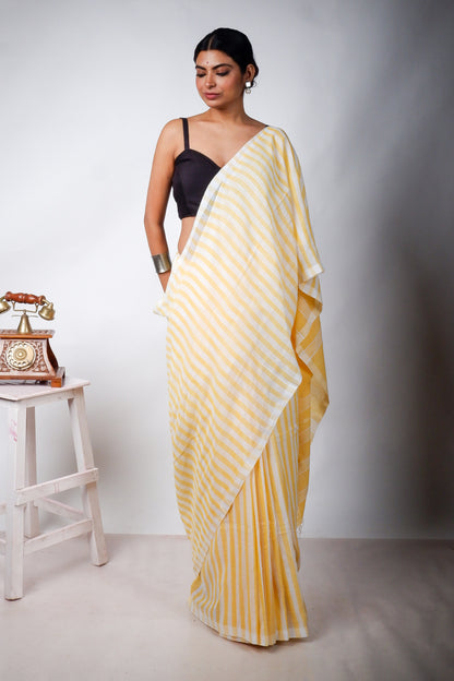 Yellow and White Striped Saree with Jamdani Woven Pallu