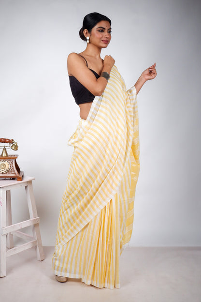 Yellow and White Striped Saree with Jamdani Woven Pallu