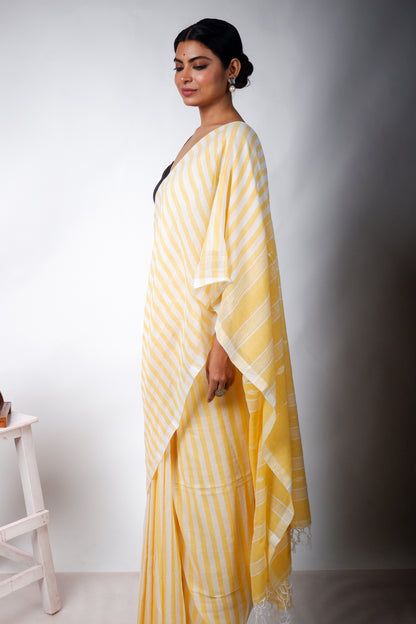 Yellow and White Striped Saree with Jamdani Woven Pallu