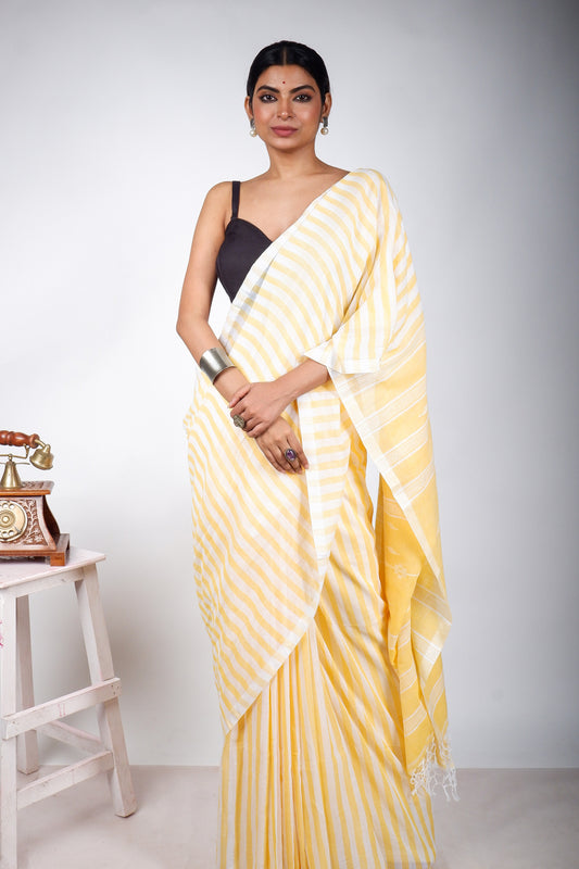 Yellow and White Striped Saree with Jamdani Woven Pallu