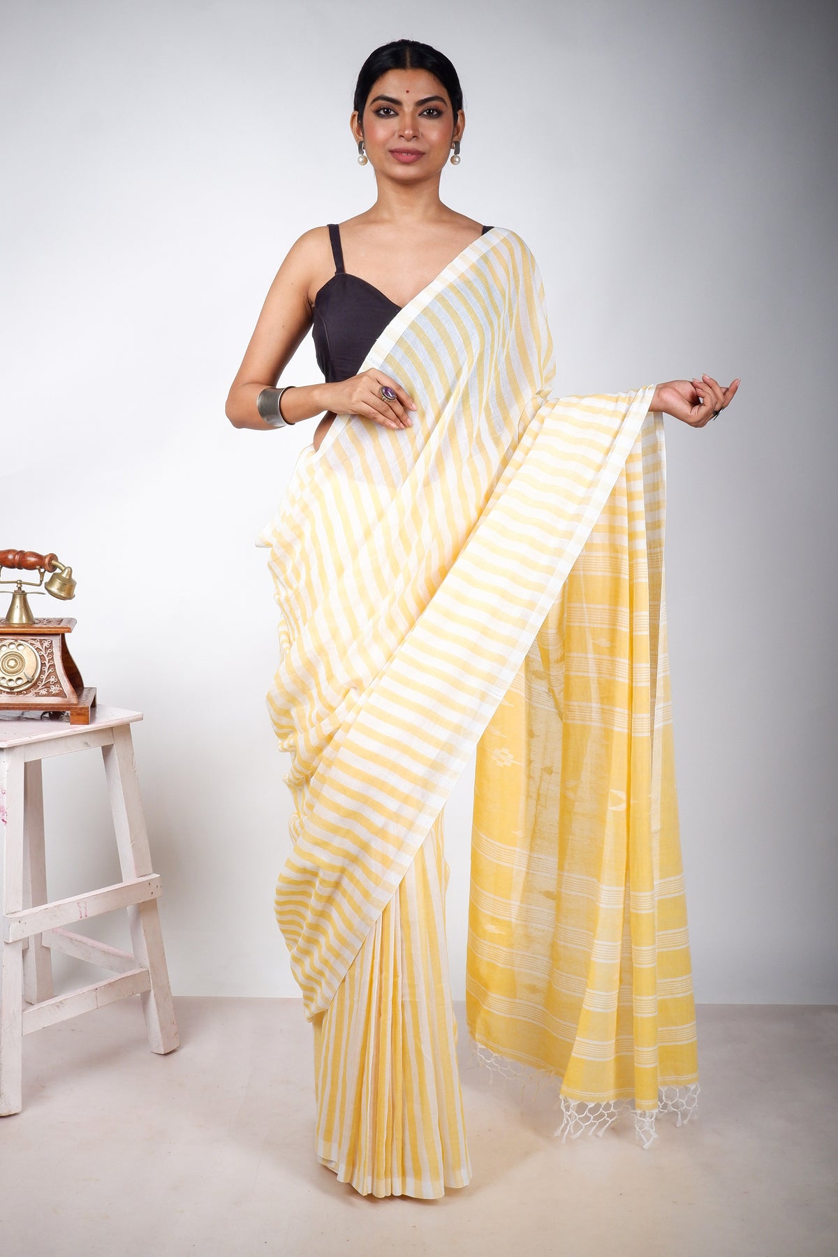 Yellow and White Striped Saree with Jamdani Woven Pallu