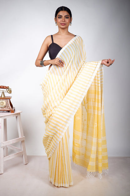 Yellow and White Striped Saree with Jamdani Woven Pallu