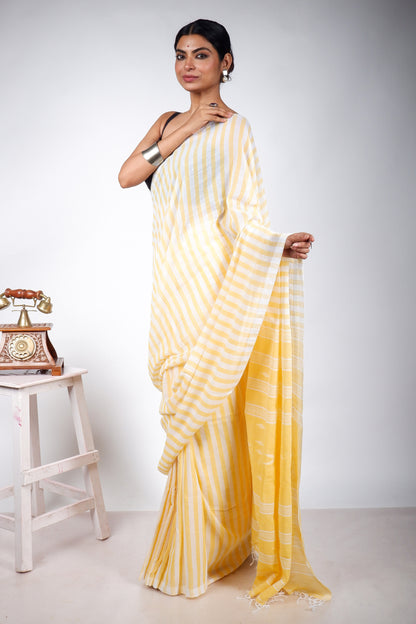 Yellow and White Striped Saree with Jamdani Woven Pallu