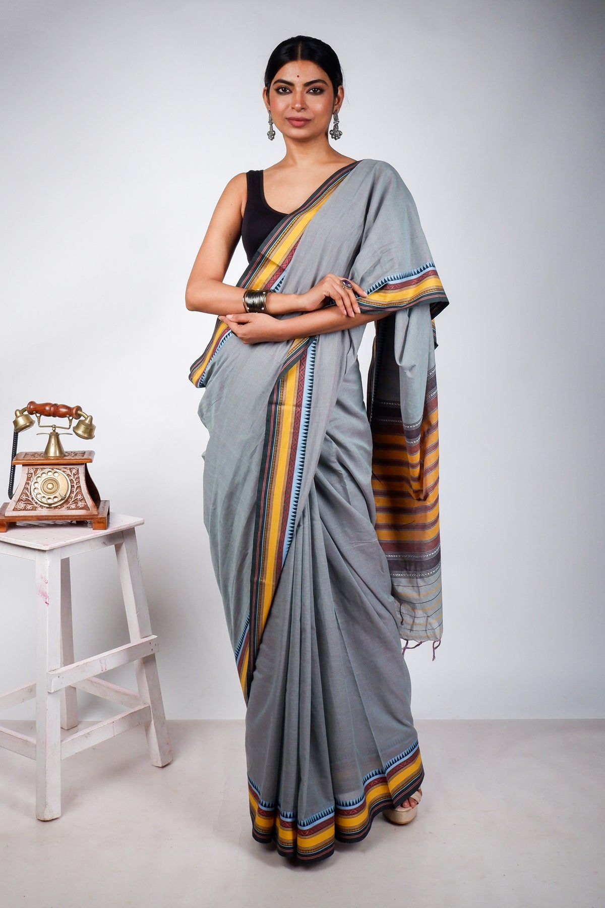 Teal Grey Begampuri Cotton Saree with Yellow Woven Borders