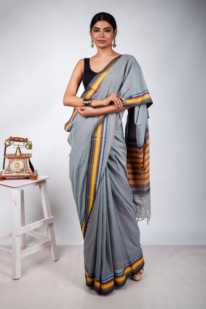 Teal Grey Begampuri Cotton Saree with Yellow Woven Borders