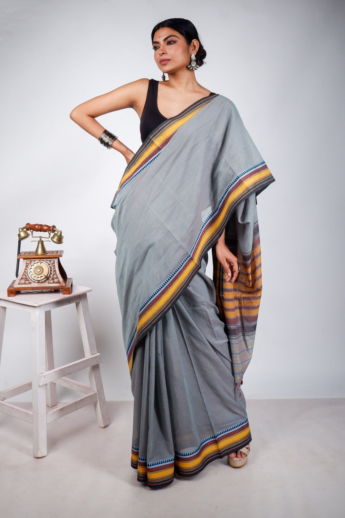 Teal Grey Begampuri Cotton Saree with Yellow Woven Borders