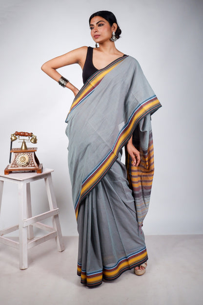 Teal Grey Begampuri Cotton Saree with Yellow Woven Borders