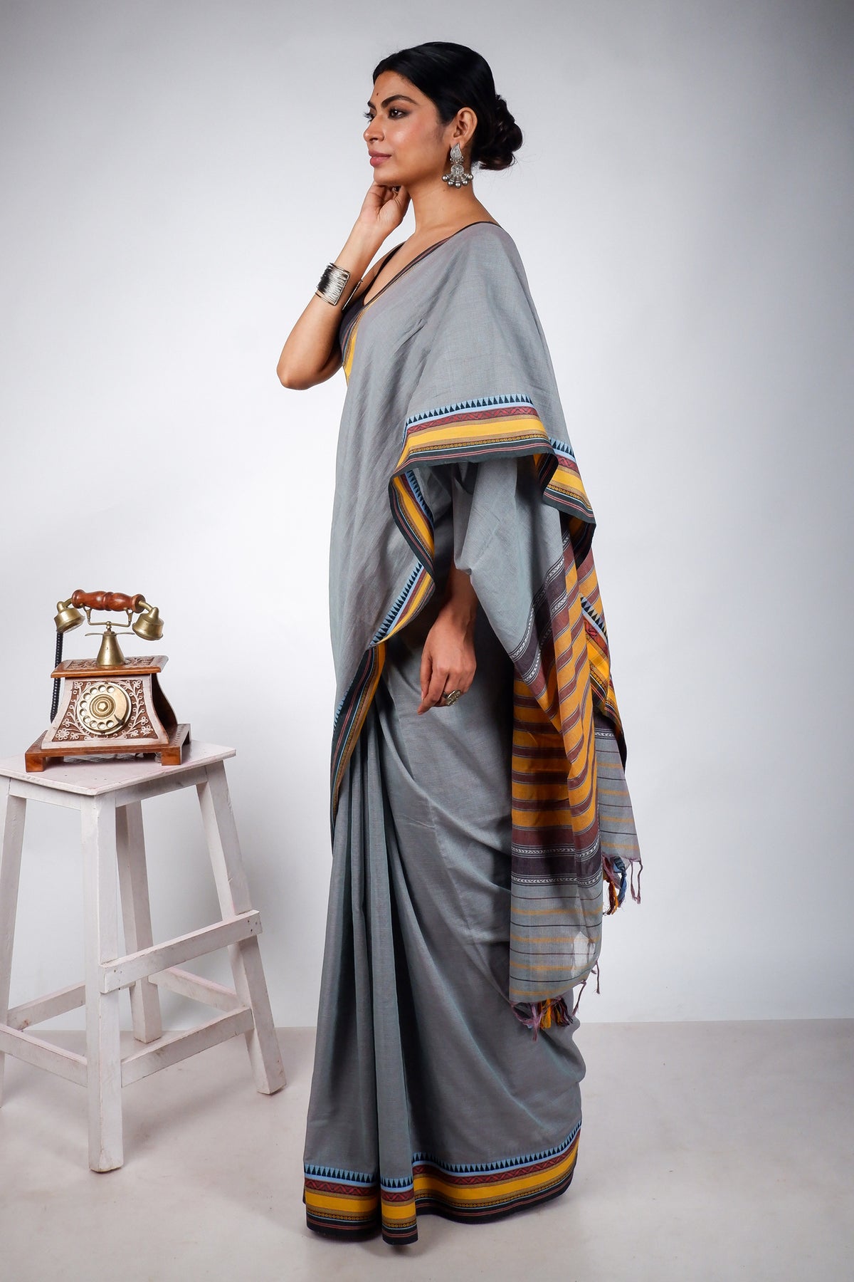 Teal Grey Begampuri Cotton Saree with Yellow Woven Borders