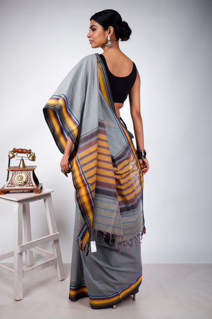Teal Grey Begampuri Cotton Saree with Yellow Woven Borders