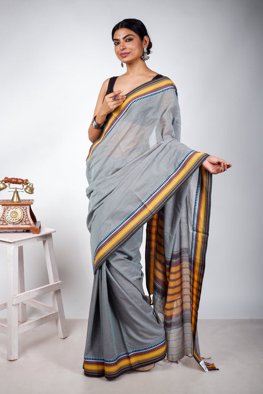 Teal Grey Begampuri Cotton Saree with Yellow Woven Borders