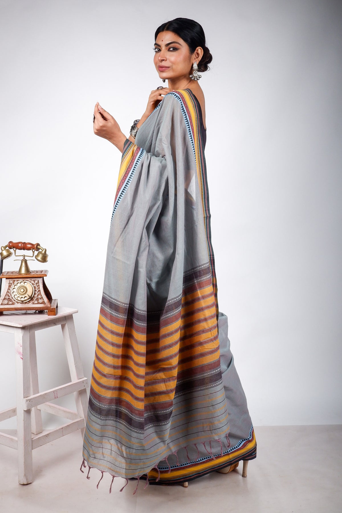 Teal Grey Begampuri Cotton Saree with Yellow Woven Borders