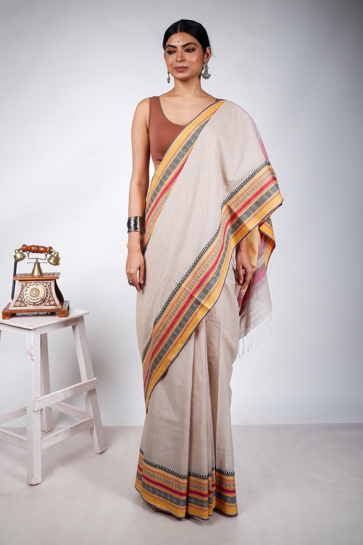 Peanut Begampuri Cotton Saree with Woven Borders