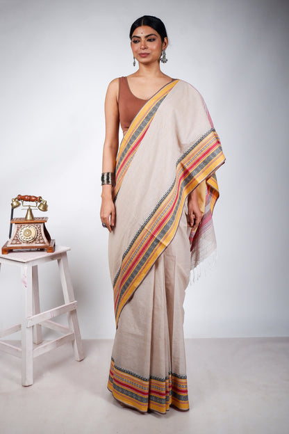 Peanut Begampuri Cotton Saree with Woven Borders