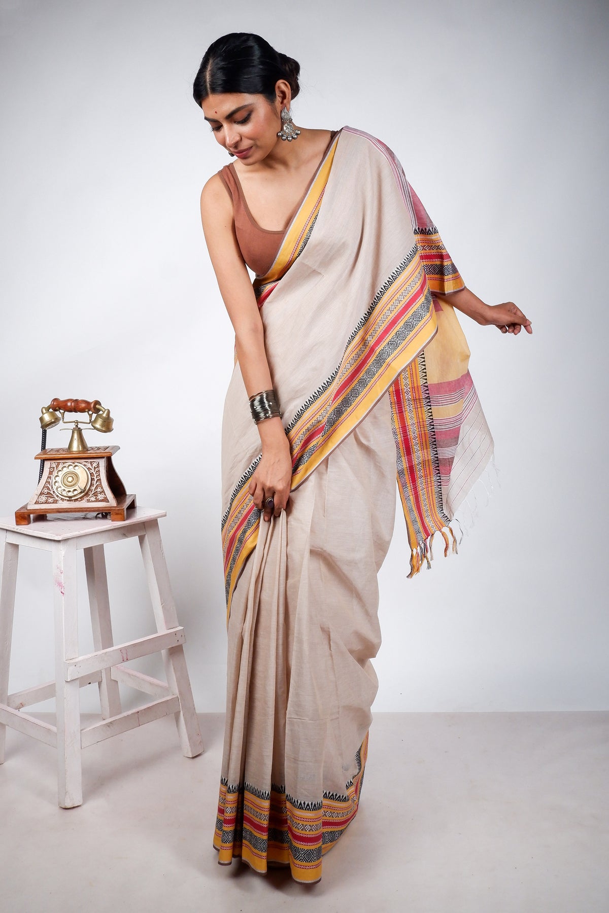 Peanut Begampuri Cotton Saree with Woven Borders