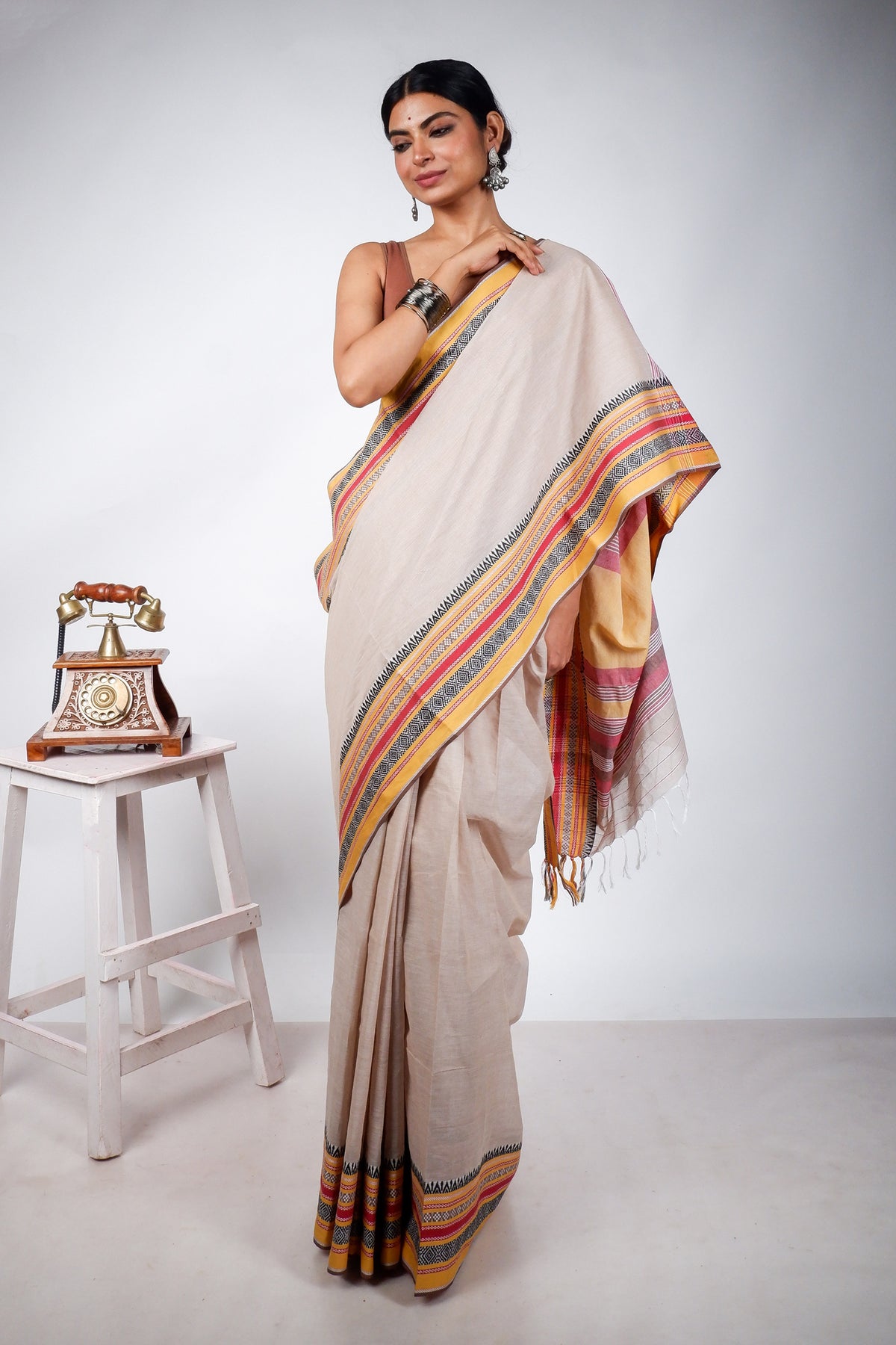 Peanut Begampuri Cotton Saree with Woven Borders