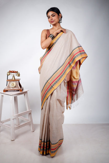 Peanut Begampuri Cotton Saree with Woven Borders