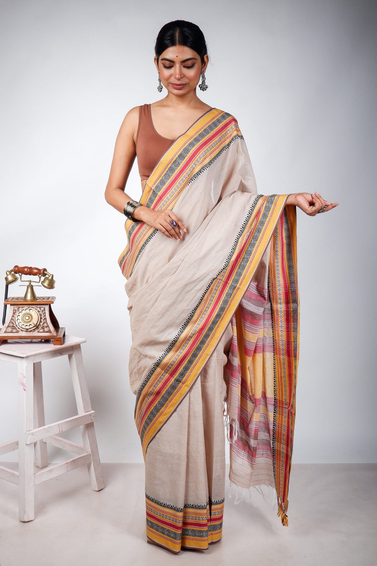 Peanut Begampuri Cotton Saree with Woven Borders