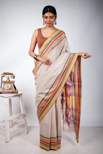 Peanut Begampuri Cotton Saree with Woven Borders