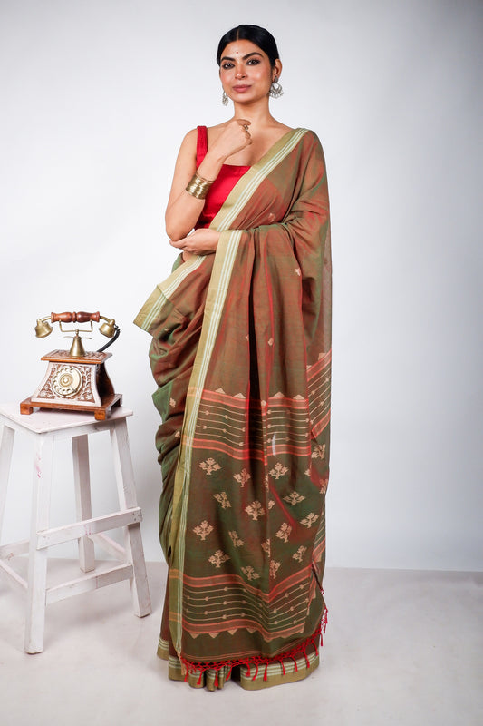 Red Green Dual Color Cotton Jamdani