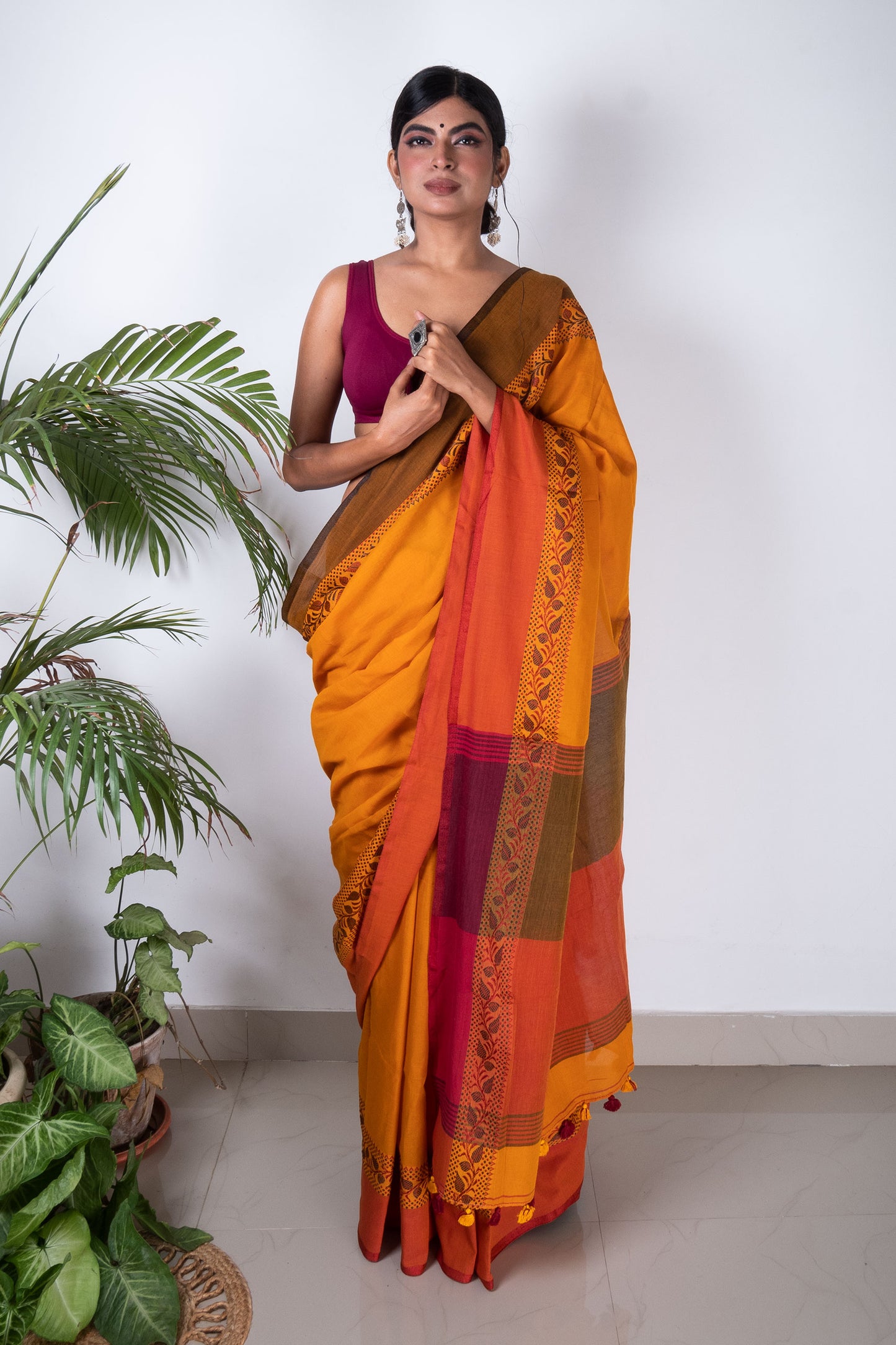 Yellow Bengal Cotton Saree with Woven Floral Border