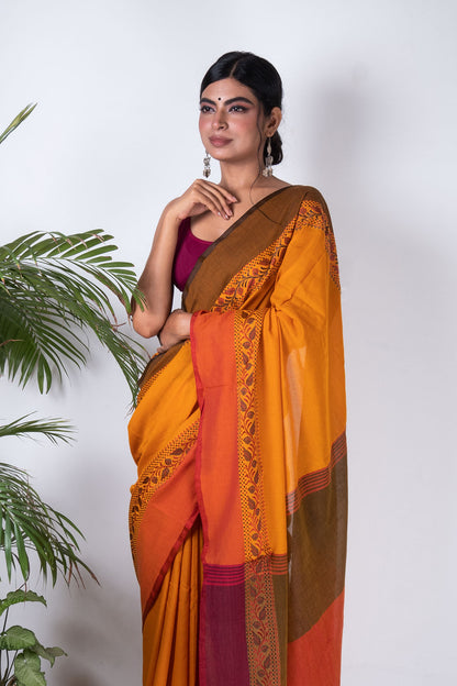 Yellow Bengal Cotton Saree with Woven Floral Border