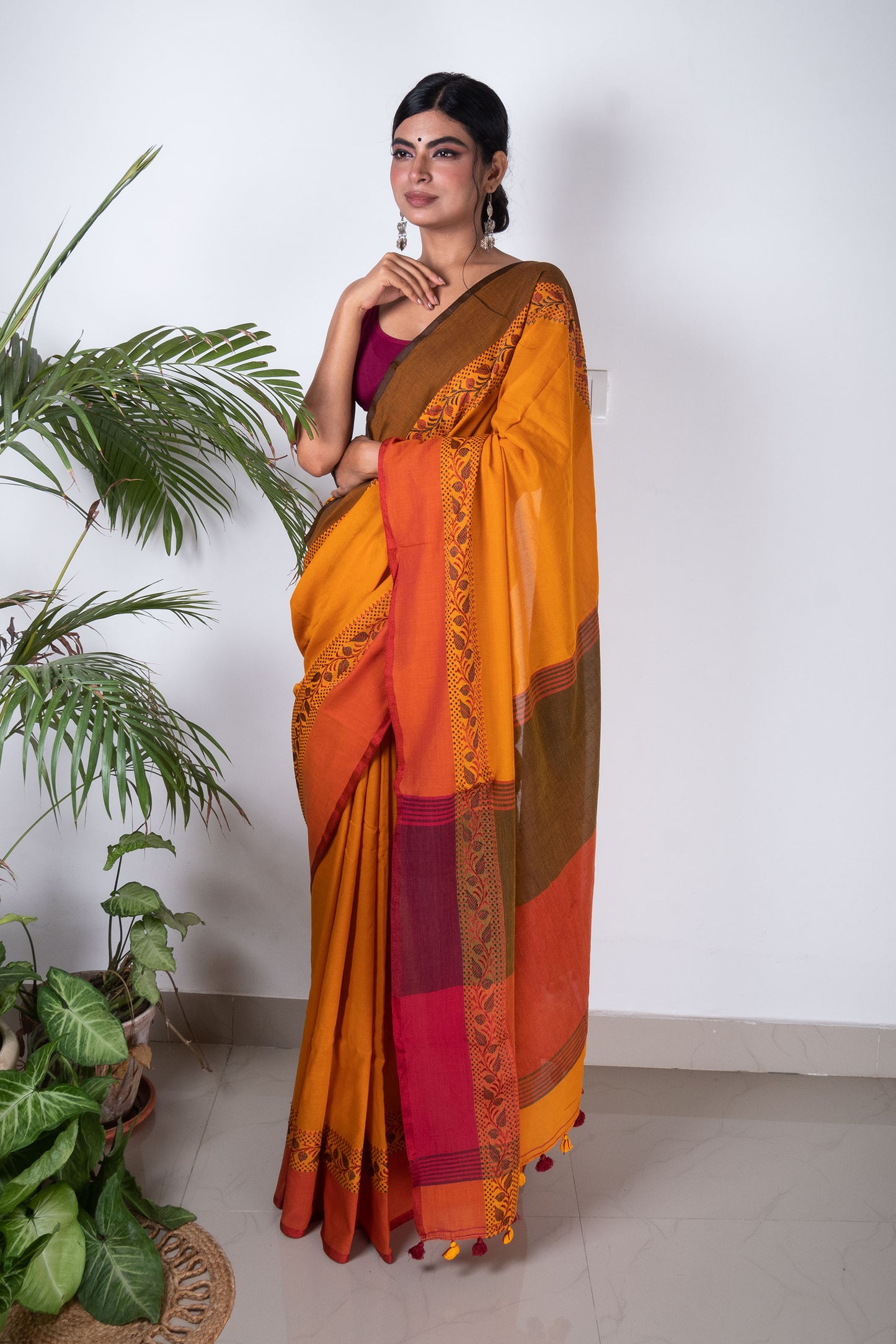 Yellow Bengal Cotton Saree with Woven Floral Border