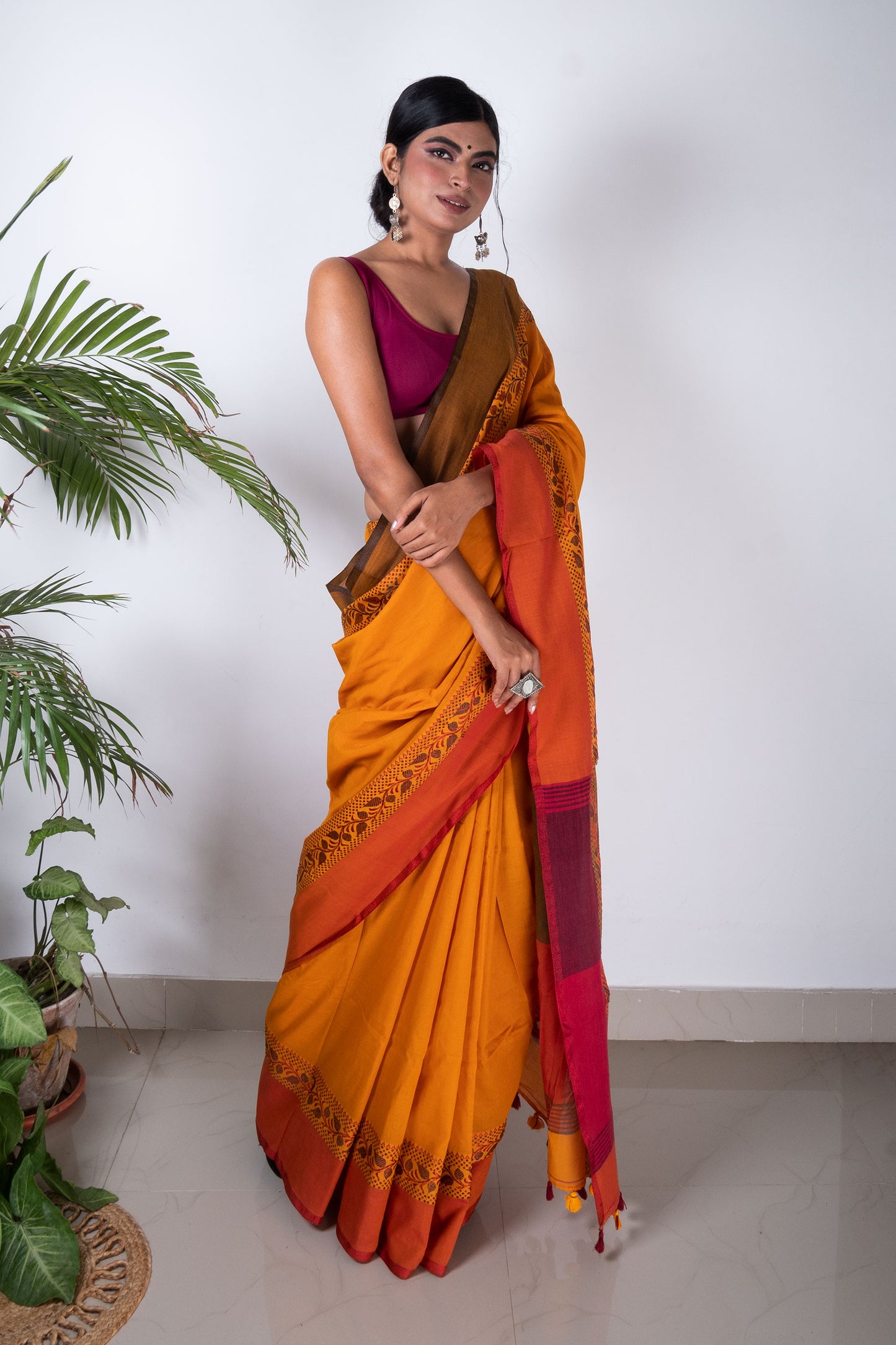 Yellow Bengal Cotton Saree with Woven Floral Border