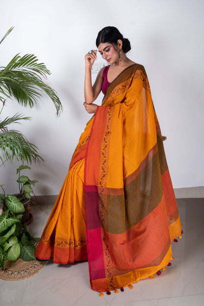 Yellow Bengal Cotton Saree with Woven Floral Border