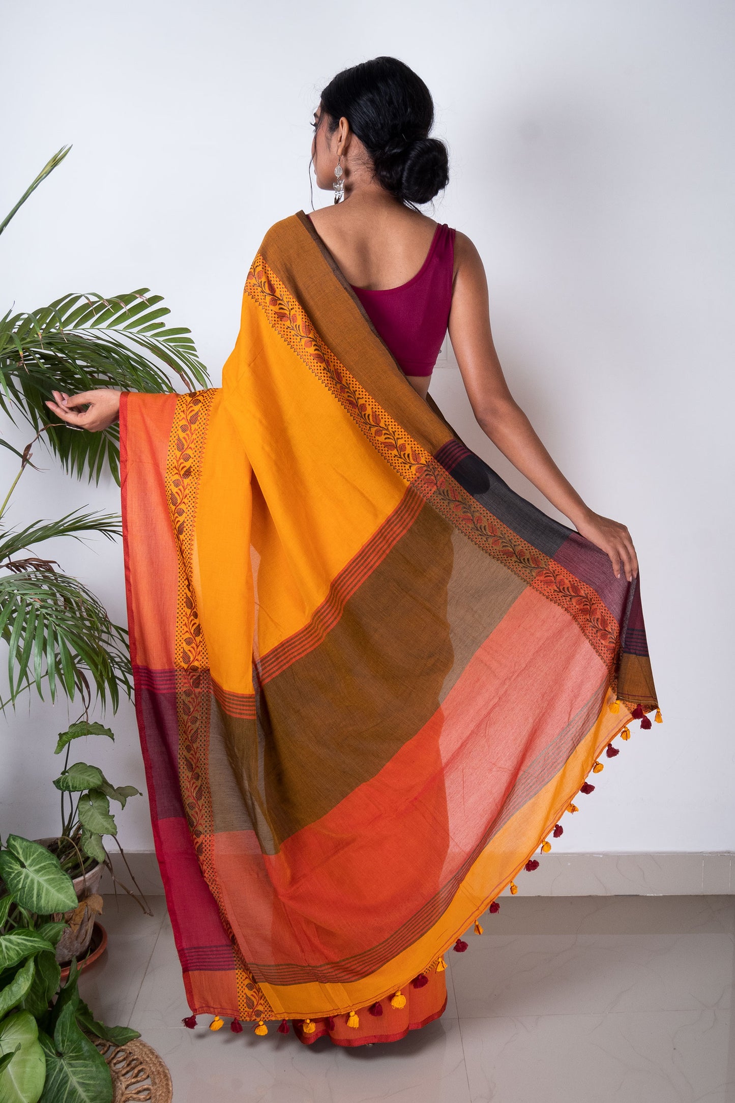 Yellow Bengal Cotton Saree with Woven Floral Border