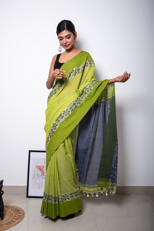 Light Green & Grey Handwoven Cotton Saree with woven Floral Borders