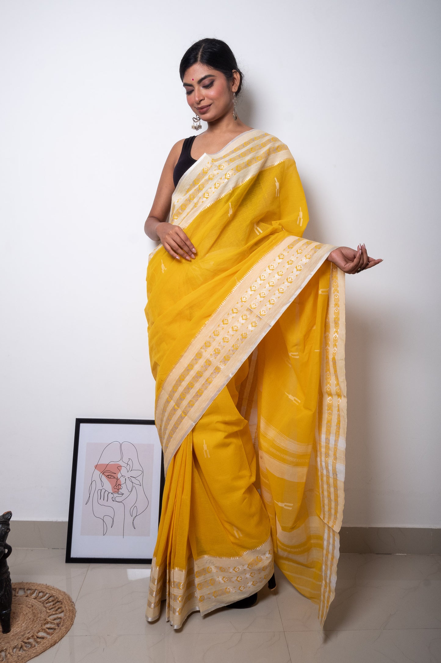 Yellow Cotton Dhaniakhali Saree with Woven Small Fish Motifs Borders