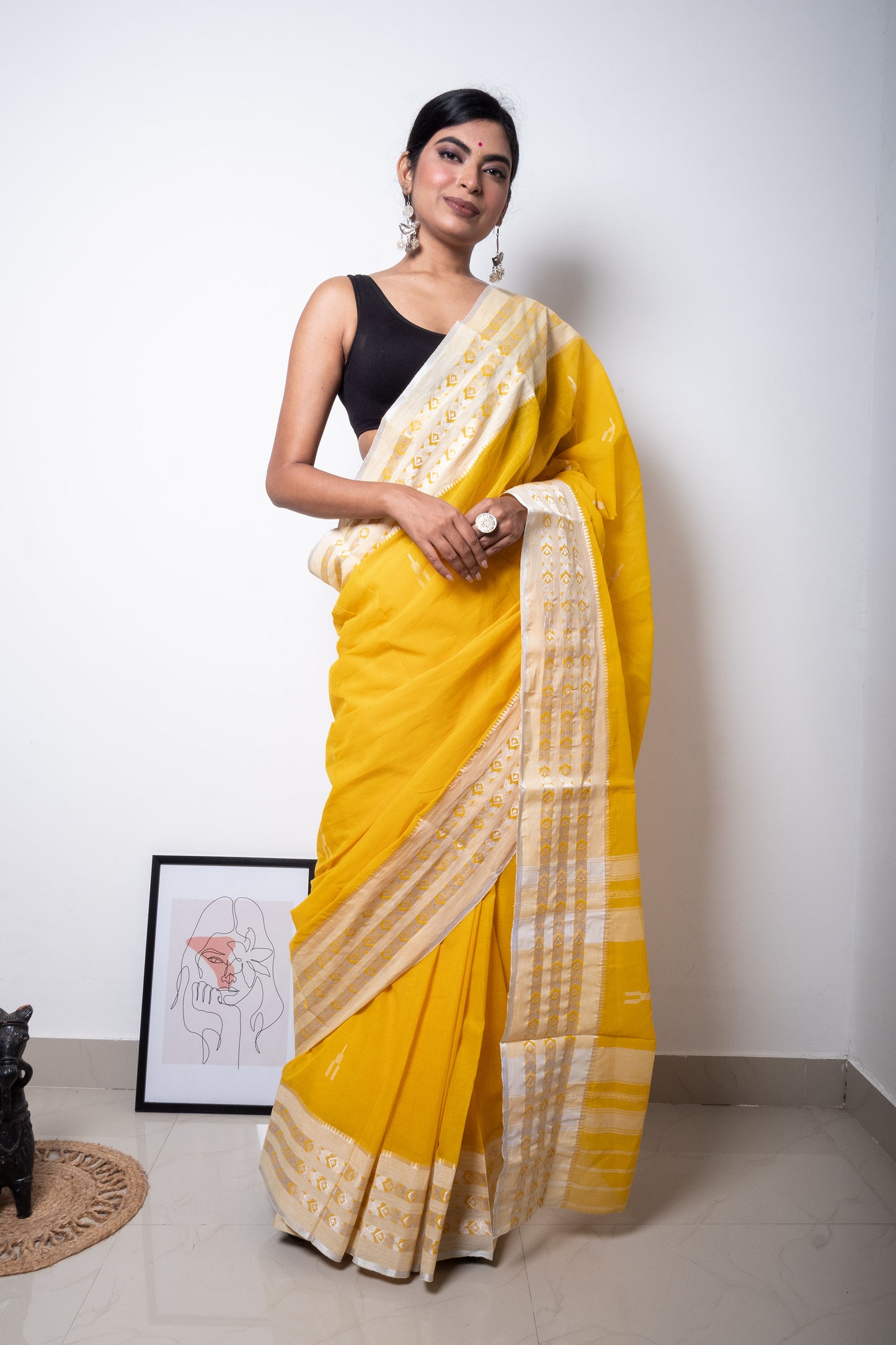 Yellow Cotton Dhaniakhali Saree with Woven Small Fish Motifs Borders