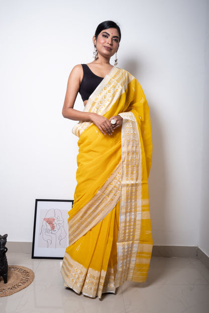 Yellow Cotton Dhaniakhali Saree with Woven Small Fish Motifs Borders