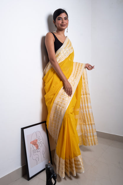 Yellow Cotton Dhaniakhali Saree with Woven Small Fish Motifs Borders