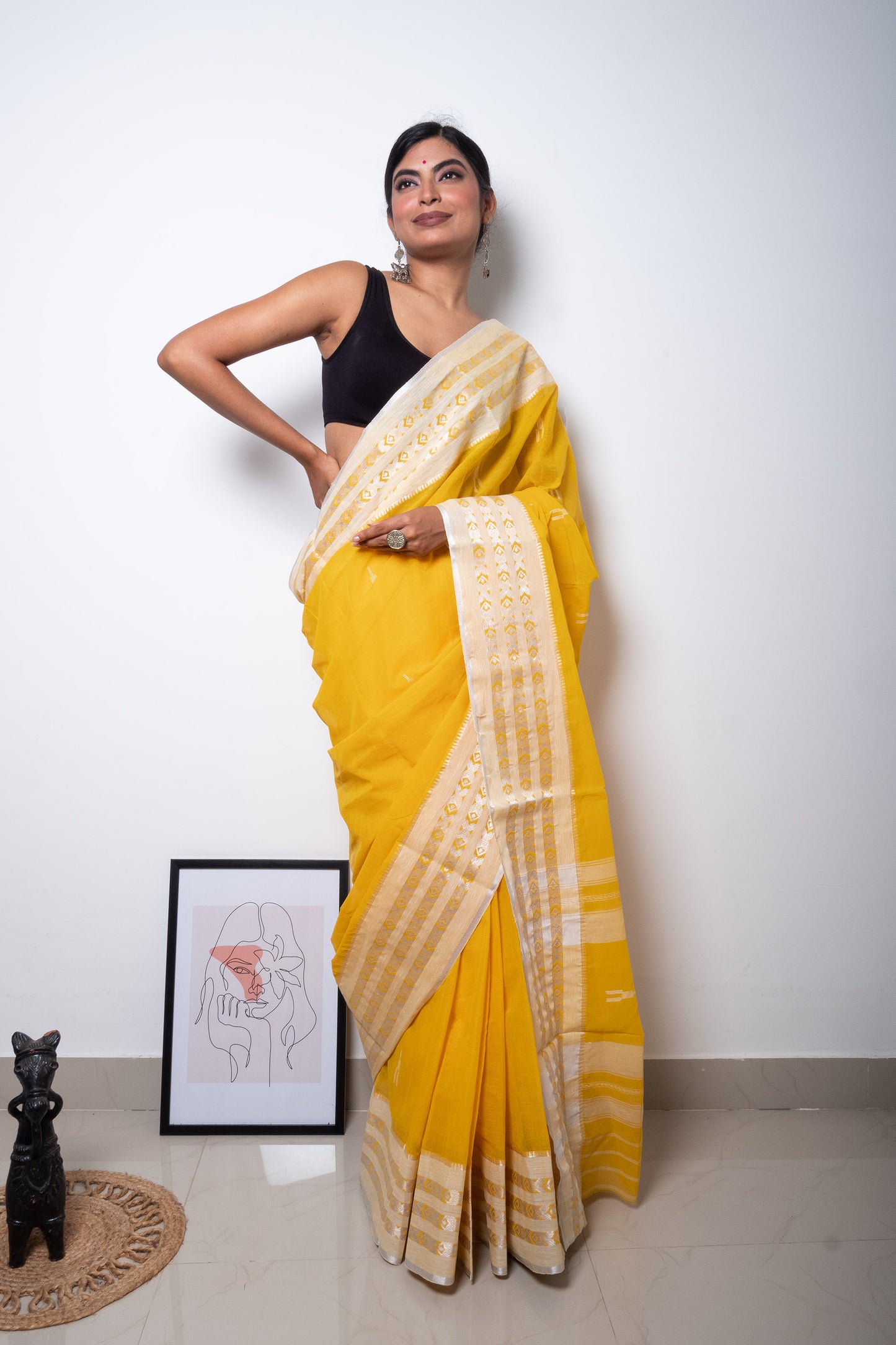 Yellow Cotton Dhaniakhali Saree with Woven Small Fish Motifs Borders