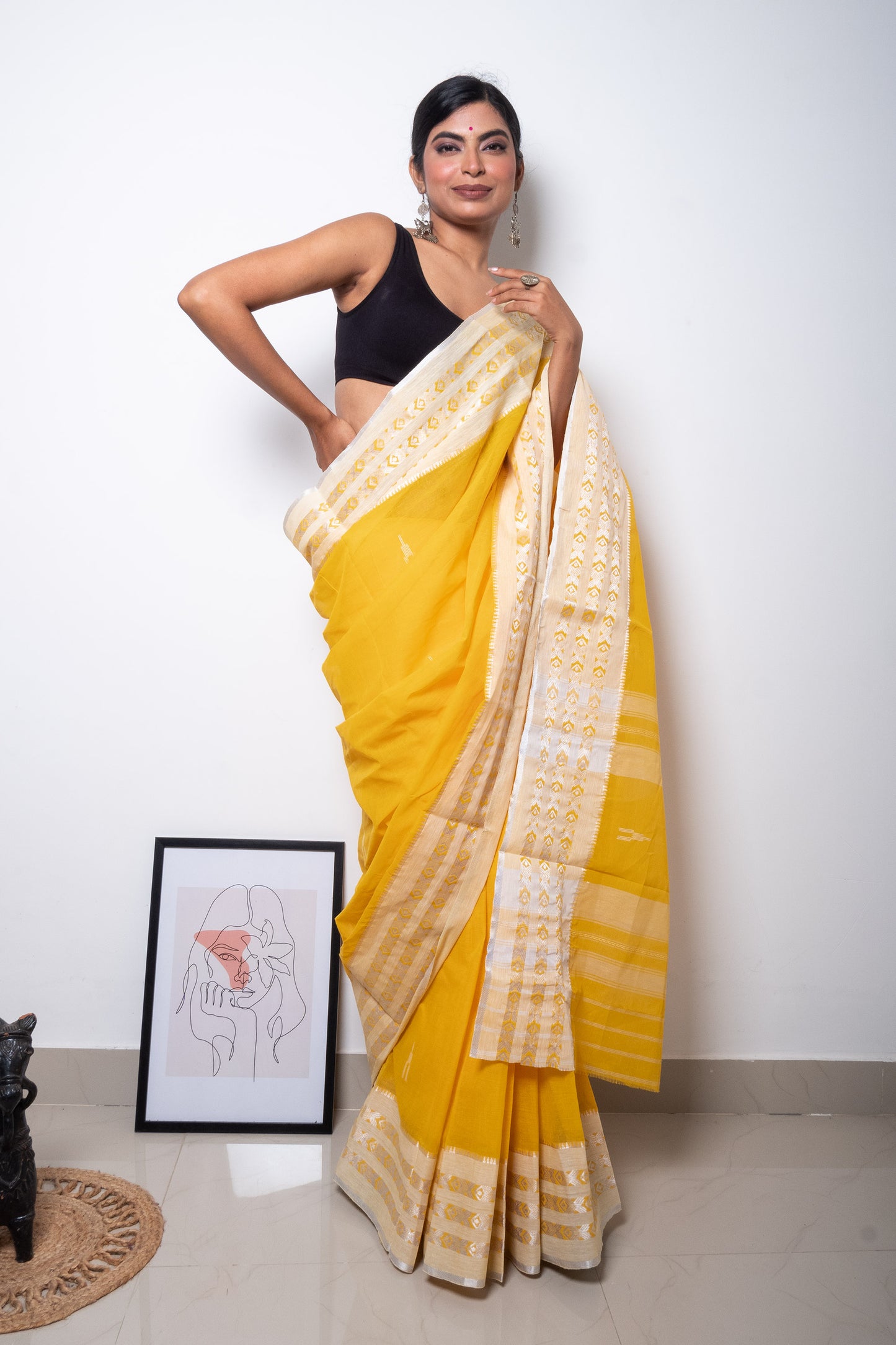 Yellow Cotton Dhaniakhali Saree with Woven Small Fish Motifs Borders